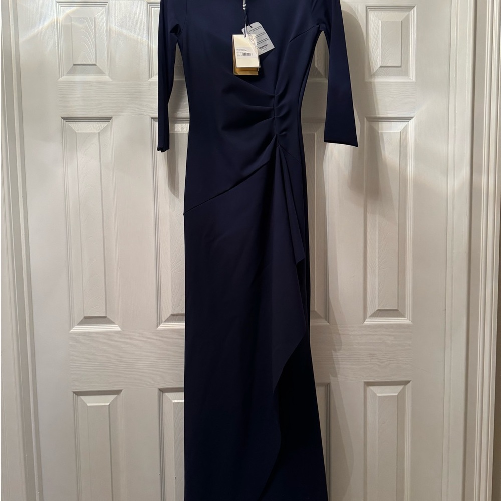 Chiara Boni Navy Long Sleeve Ruched Draped Gown